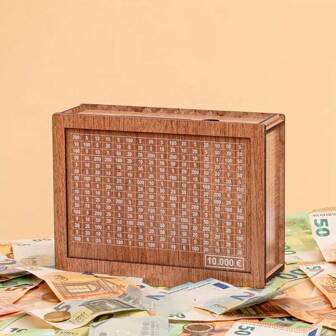 1个，20*14.5*7.6cm 3000/5000/10000欧元棕色木质存钱罐，人物前面有一层亚克力膜，家居桌面装饰摆件，儿童生日礼物，培养储蓄习惯，组装简单
