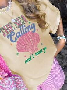 Camiseta de mujer de manga corta con cuello redondo, estampado de letra en concha rosa, ideal para uso diario y casual en primavera y verano. Prenda esencial para el atuendo de playa y vacaciones. Camiseta estampada de mujer.