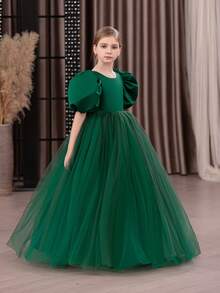 Tween Girl Christmas Dress With Bow Backless Deep V Puff Sleeve Tulle Princess Dress, Suitable For Birthday Party, Wedding, Flower Girl, Prom, Holiday Occasions - Dark Green - View 7