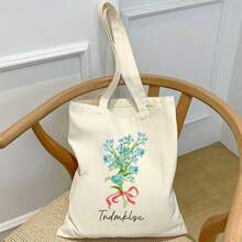 1 Piece Single-Sided Tote Bag Shoulder Bag Large Capacity Fashion Simple Casual Versatile Shopping Shopping Light Portable Class Student Bouquet Customizable Name Copywriting Personalized Unique