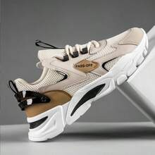 Men's Spring Breathable Mesh Hollow Casual Sports Sneakers, Thick Sole Lightweight Elevator Walking Shoes - Beige - View 1