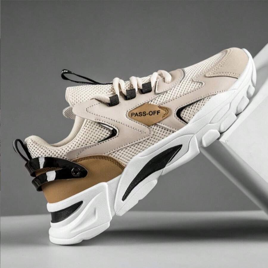 Men's Spring Breathable Mesh Hollow Casual Sports Sneakers, Thick Sole Lightweight Elevator Walking Shoes - Beige - View 1