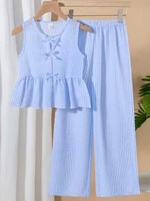 2pcs Girls Fashion Striped Ruffle Blouse + Casual Wide Leg Pants Outfit Set