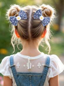 2 piezas Pasadores para el cabello de niña de color azul denim con decoración de margaritas y perlas, accesorios de cabello lindos y elegantes para volver al colegio/días de primavera/uso diario