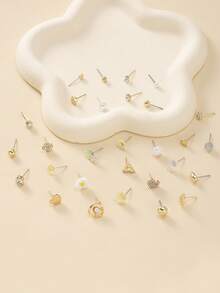 30 件/套时尚耳环，包括心形、星星、水滴、熊、三叶草、雏菊、水钻、仿珍珠设计，简约可爱，多风格女士日常休闲珠宝礼品套装