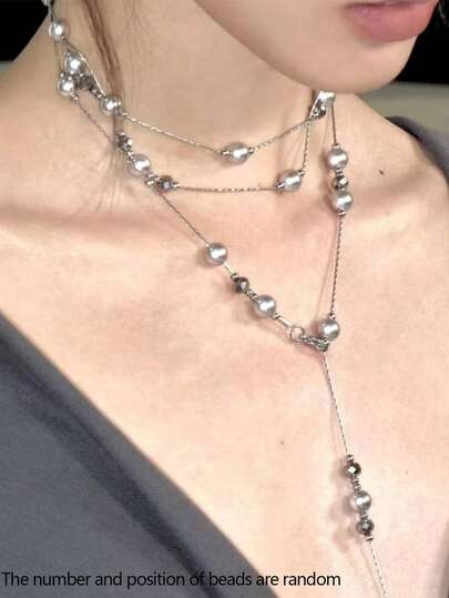 1 pieza Collar geométrico con cuentas, estilo multiusos, collar de metal con perlas falsas y cristales, accesorio de moda para atuendos diarios y fiestas