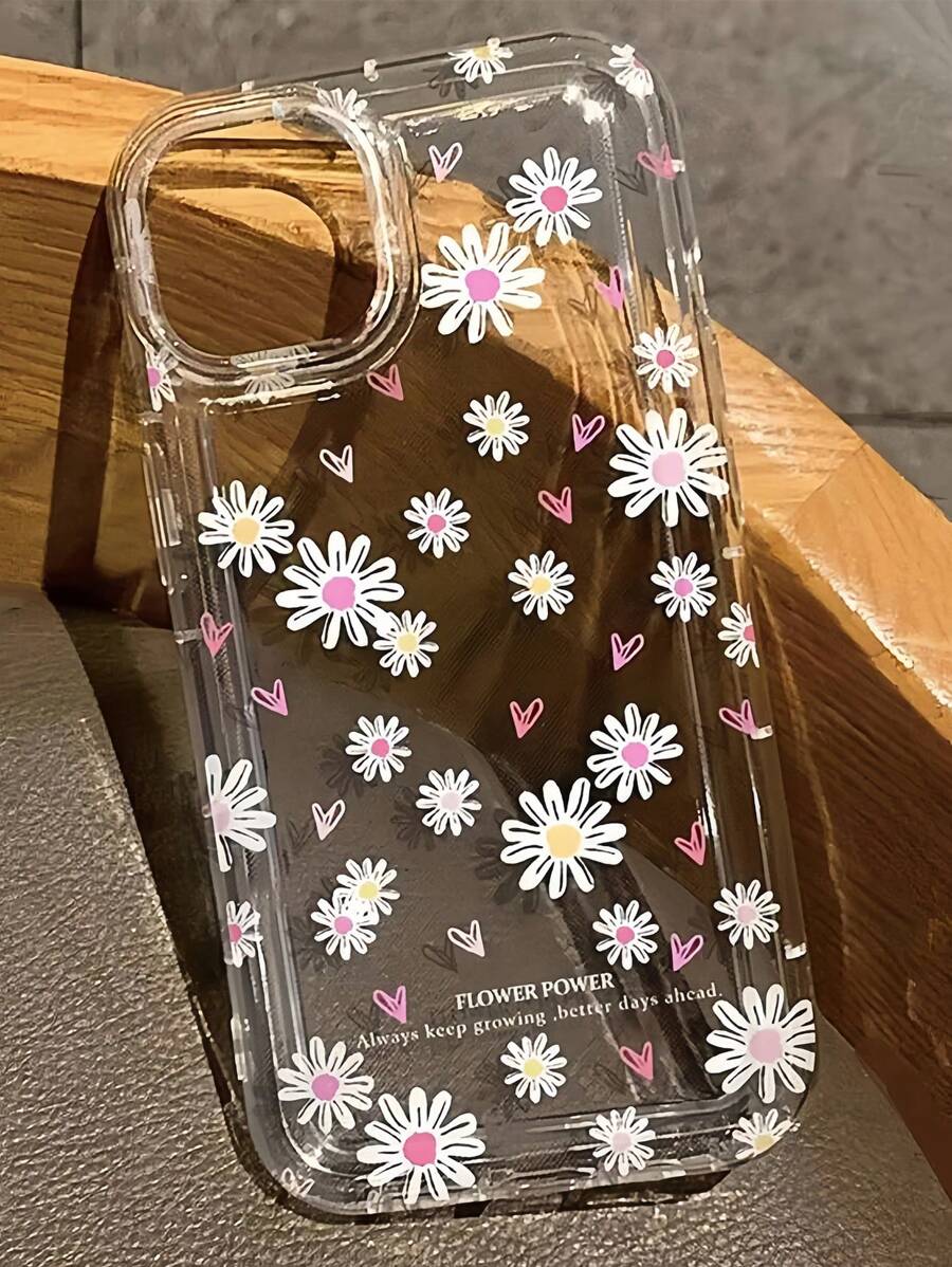 1 pieza Funda de teléfono antideslizante de TPU con cojín de aire y patrón de margaritas en forma de corazón compatible con Apple 16/15/14/13/12/11 Pro Max, apta para la serie
