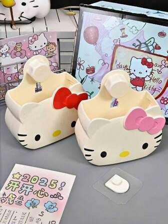 Sanrio 3pcsCute Cartoon Hello Kitty Toothbrush Holder, Pen Holder, Desktop Stationery Storage Box, Wall Mounted Without Punching, Seamless And Convenient Storage Rack,School Supplies,Back To School
