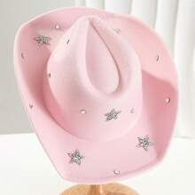 Star Western Cowgirl Hat For Women And Men Elegant Wide Brim Rhinestone Formal Western Cap For Daily Life And Party - Pink - View 2