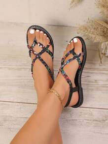 Sandales plates à couleurs contrastées nouées, nouvelles sandales de plage pour femmes de style européen et américain avec anneau d'orteil