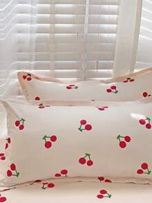 3pcs (1pc Fitted Sheet + 2pcs Pillowcases) New Pink Cherry Print Skin-Friendly Breathable 360° Wrap-Around Fitted Sheet + 2pcs Pillowcases Set, Aloe Cotton Washed Cotton Fitted Sheet With 2 Pillowcases, Soft, Moisture-Wicking, Durable, Fade-Resistant, Antibacterial, Warm Bedding Set For Bedroom, Guest Room, Dorm, Kids Room, All-Season Use