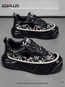 AoPlus Men's Classic Black Comfortable Sports Sneakers, Stylish Outdoor Lace-Up Leather - Spliced Thick - Soled Street - Style Casual Shoes - 黑色 - 查看 1