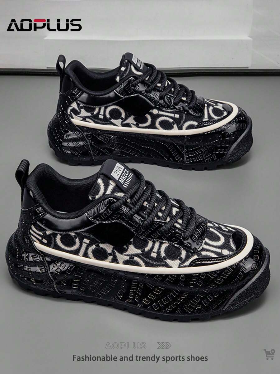 AoPlus Men's Classic Black Comfortable Sports Sneakers, Stylish Outdoor Lace-Up Leather - Spliced Thick - Soled Street - Style Casual Shoes - 黑色 - 查看 1