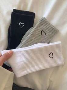 3 pares de calcetines medianos versátiles con patrón de corazón simple, calcetines de otoño, unisex - Multicolor - Ver 1