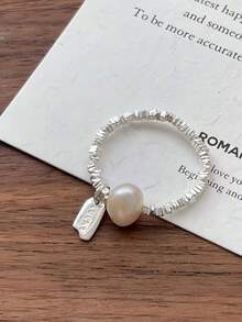 A Pure Silver Broken Silver Natural Pearl Ring For Women's Lucky Hang Tag Elastic Rope Ring - Silver - View 8