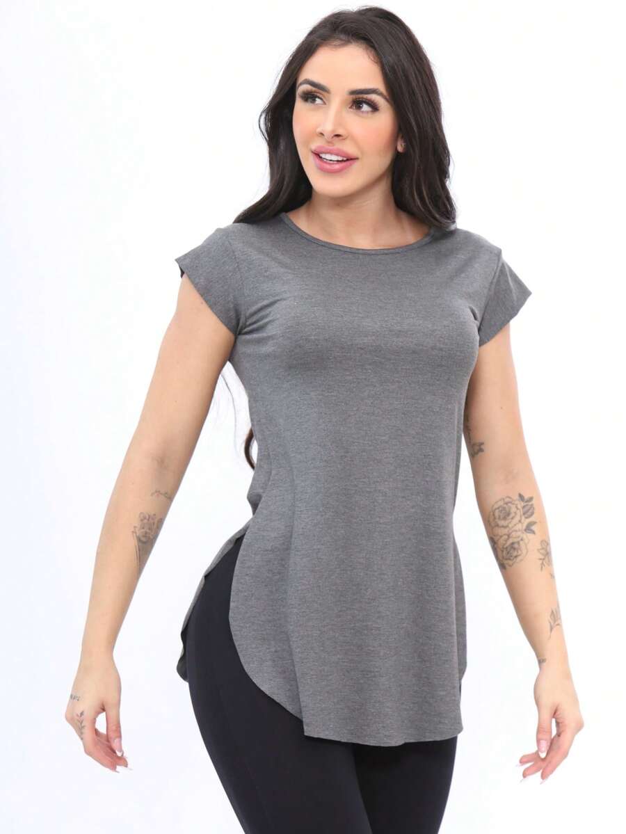 Women's Gym Blouse, Butt Cover, Long Workout Top - 深灰色 - 查看 1