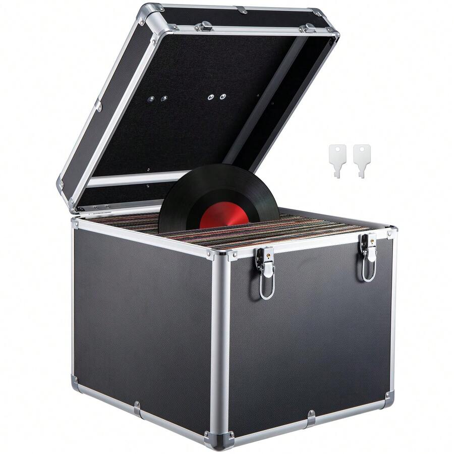 12" Vinyl LP Record Storage Box Storage Box Case Aluminum Portable Lockable DJ Flight Carry Case Holds 50pcs Albums - Black - View 1