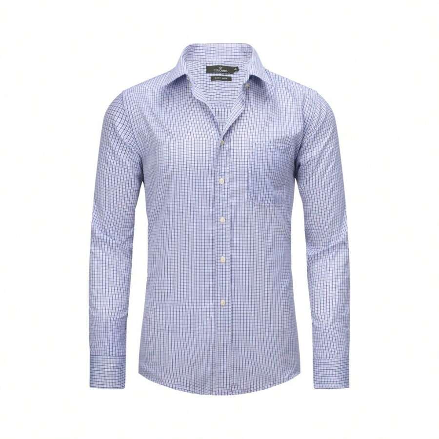 Camisa de Hombre a Cuadros de Manga Larga | Casual con Elástica | Algodón Transpirable | Estilo Relajado y Versátil - Azul - Ver 1