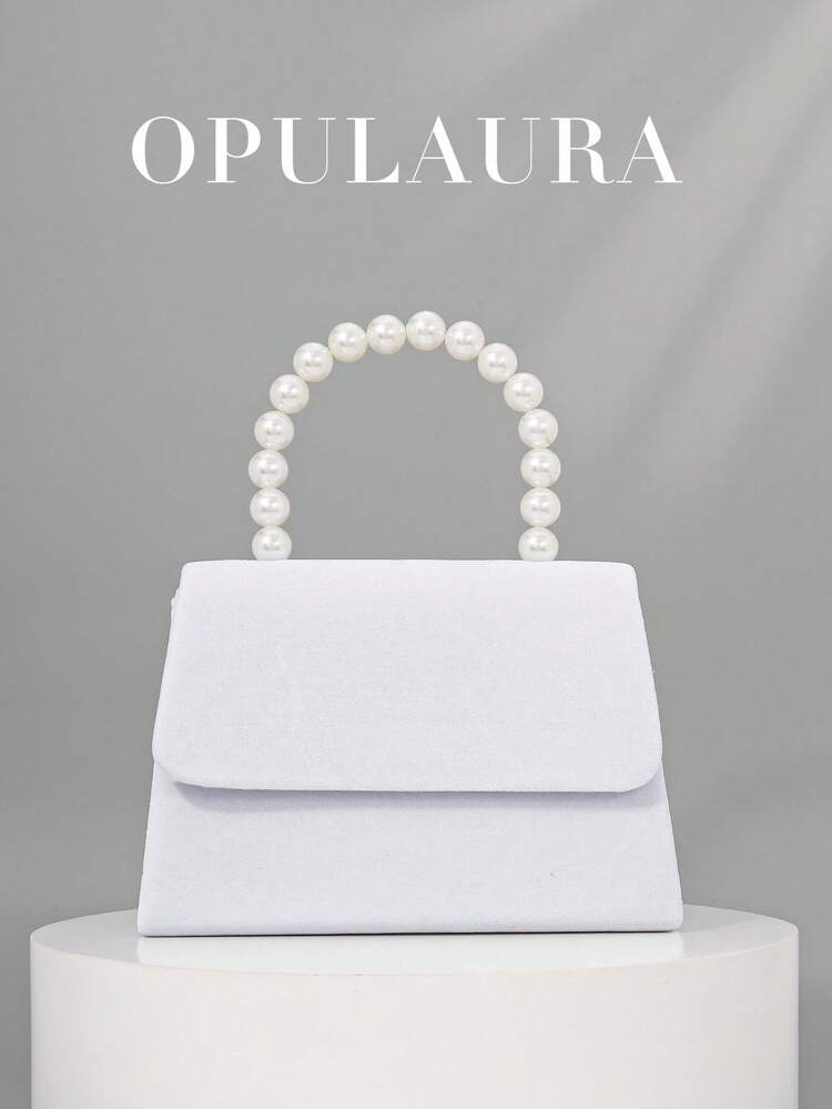 OpulAura 女士浪漫仿珍珠手提包，奢华天鹅绒晚宴包，手拿包，适合派对/婚礼/约会/圣诞节、生日活动、正式场合，配有可拆卸链条 - 白色 - 查看 1