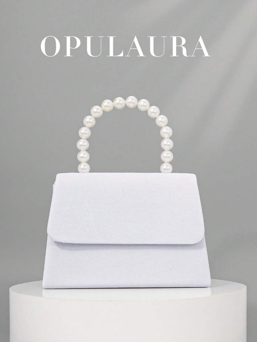 OpulAura 女士浪漫仿珍珠手提包，奢华天鹅绒晚宴包，手拿包，适合派对/婚礼/约会/圣诞节、生日活动、正式场合，配有可拆卸链条 - 白色 - 查看 1