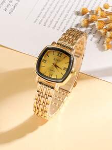 2 pièces/Set Montre femme rétro classique avec chiffres romains, boîtier carré, bracelet en paille de blé, ensemble montre mode et bracelet décoré d'un cœur, sans boîte cadeau
