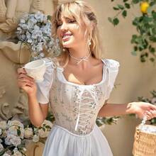 Womens Vintage 1920s Renaissance Lace Trim Corset Bustier, Retro Fashion - Cream Lace - View 2