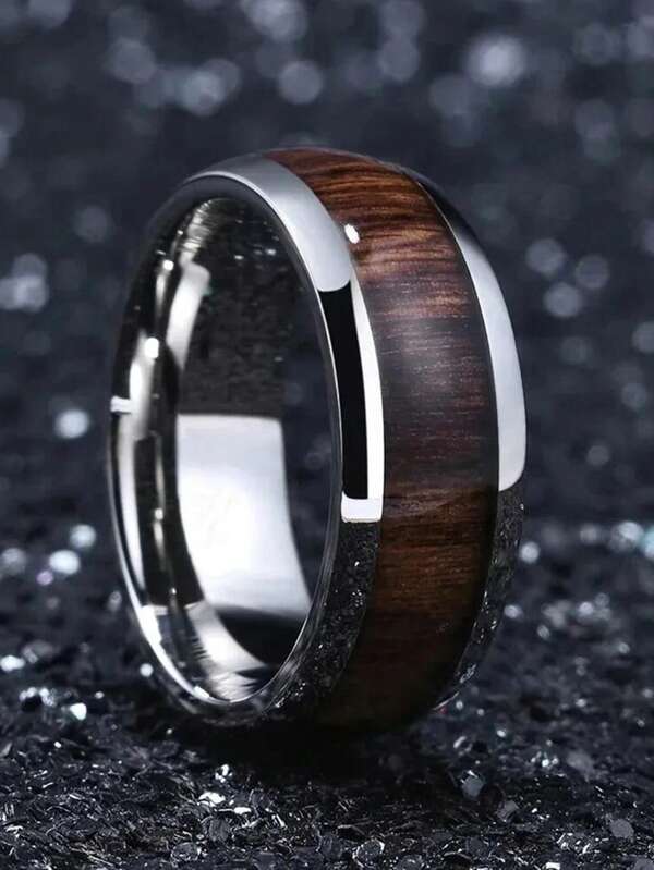 Anéis de aço inoxidável prateados de 8 mm da moda para homens, acessórios de joias, anéis vintage com padrão de madeira Koa, presentes para festa de aniversário