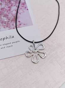 1 pièce Collier fleur creuse minimaliste en argent, pendentif floral unique en forme de fil sur cordon noir. Bijoux bohème chic pour femmes, parfait pour le port quotidien et les tenues décontractées