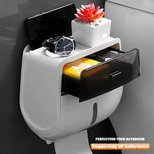 1 个大容量双层卫生纸收纳盒 - 带防水防尘抽屉、壁挂式纸盘和卷纸架，适用于家庭、办公室、超市、浴室、客厅、整洁的装饰配件，易于安装返校 - 黑與白 - 查看 1
