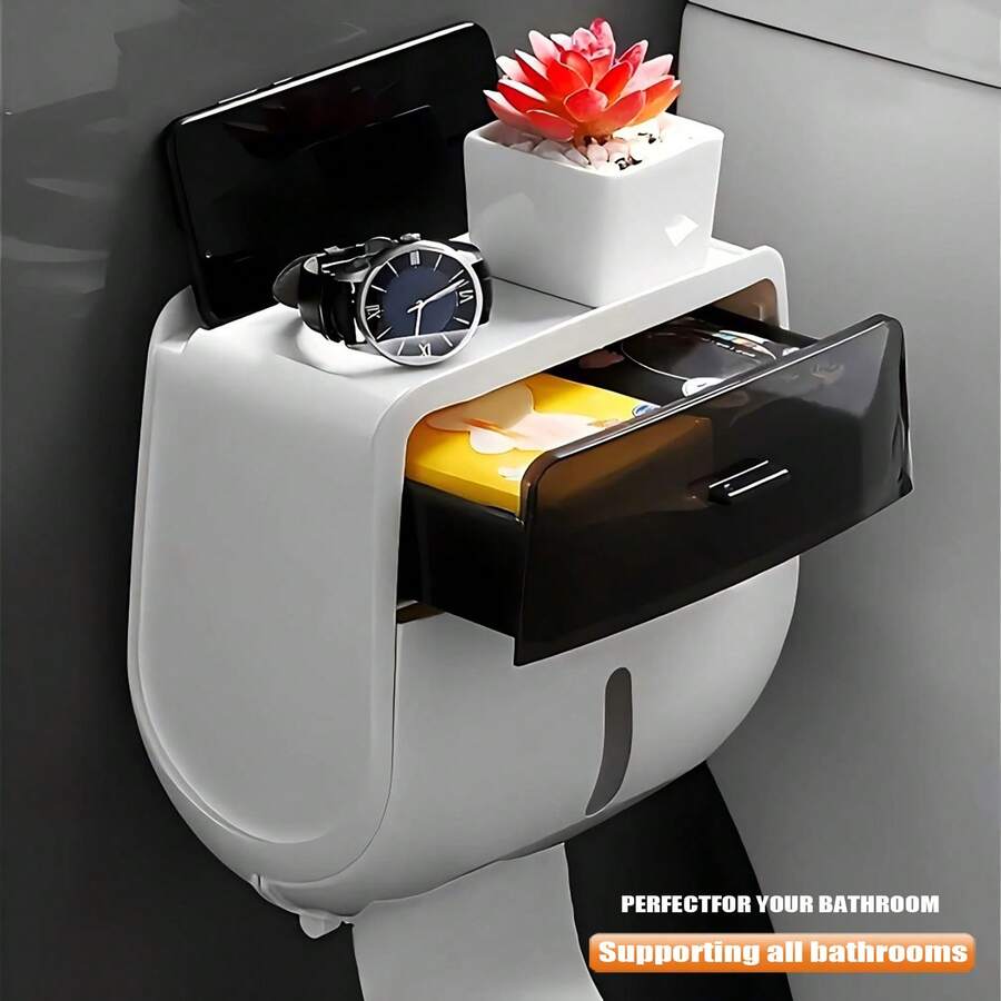 1 个大容量双层卫生纸收纳盒 - 带防水防尘抽屉、壁挂式纸盘和卷纸架，适用于家庭、办公室、超市、浴室、客厅、整洁的装饰配件，易于安装返校 - 黑與白 - 查看 1