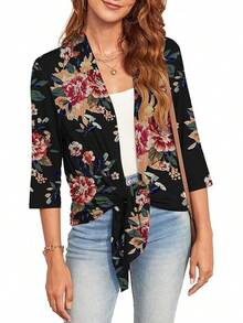 Lightweight Summer 3/4 Sleeve Cardigan Women Casual Draped Tie Front Cardigans Fall Shrugs High Low Hem - B03-棕花黑-3/4袖 - 查看 3