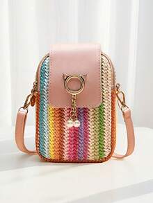 1 件女孩休闲街头风格可爱迷你斜挎手机钱包带零钱包 - 编织面料设计，磁性按扣，涤纶衬里，可调节肩带，适合外出、聚会、度假 - 结构 - 編織手機包 - 查看 8