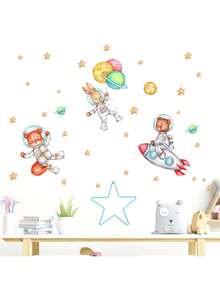 太空冒险卡通火箭墙贴适用于儿童房 - 可移除银河动物墙贴，儿童房装饰，可爱宇航员猫星球墙壁艺术 - 彩色 - 查看 8