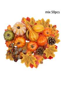 50 件仿真南瓜套装迷你仿真葫芦秋叶橡子装饰适用于丰收感恩节餐桌中心装饰托盘农舍花瓶节日派对家居装饰，假植物