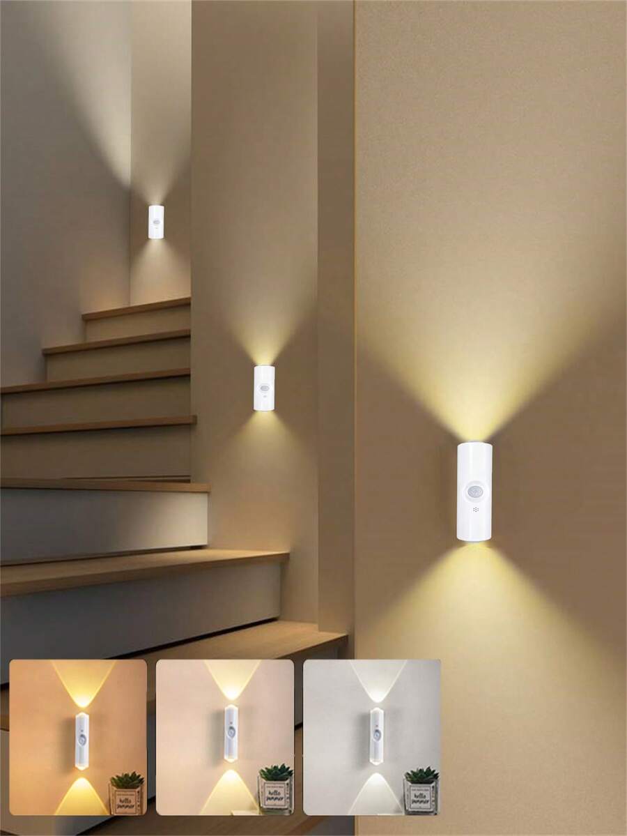 1 件/2 件/4 件可充电 LED 夜灯，2 个灯头壁灯，可调光 3 种颜色，适用于走廊、卧室、楼梯、办公室（400mAh）（按钮颜色，随机分布）