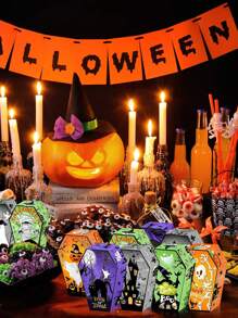 12 piezas Cajas de dulces de Halloween, cajas de papel con forma de ataúd con diseños de calavera, murciélago y fantasma para decoración y regalos de la fiesta de Halloween