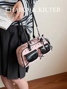 CHAIKA & KILTER 1 件撞色面料和 PU 皮革女士单肩包，时尚多口袋大容量波士顿保龄球包，带拉链开合，适合日常和户外使用（与吊坠一起出售）
