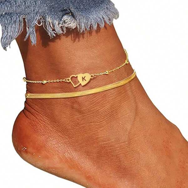 2Pcs/Set New Double Hollow Heart Initial Golden Stainless Steel Bead Chain And Herringbone Chain Anklets For Women Waterproof