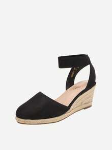 Women's Elastic Ankle Strap Espadrilles Wedge Sandals - Black - View 6
