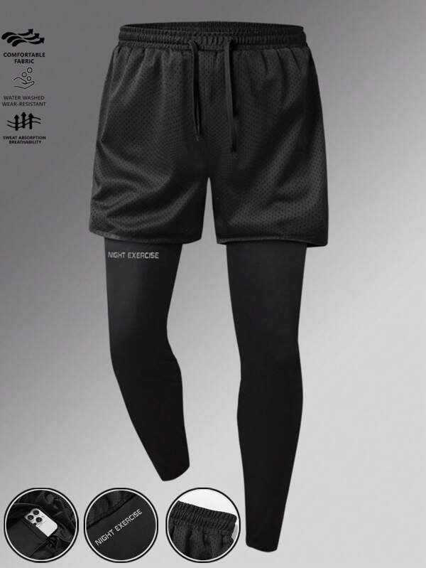 1pc Men's Sports Shorts, Breathable Mesh, High Support Compression Tights, Sweat Wicking With Phone Pocket, Suitable For Outdoor Running, Sports Exercise