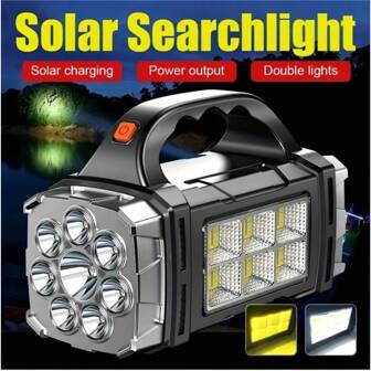 1pc Solar Rechargeable LED Flashlight - Waterproof Portable Searchlight With Power Bank - Outdoor Torch For Camping, Hiking, And Emergencies