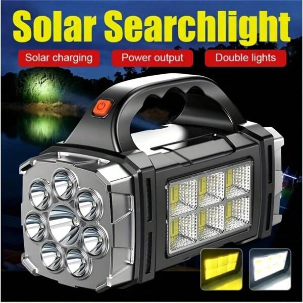1pc Solar Rechargeable LED Flashlight - Waterproof Portable Searchlight With Power Bank - Outdoor Torch For Camping, Hiking, And Emergencies