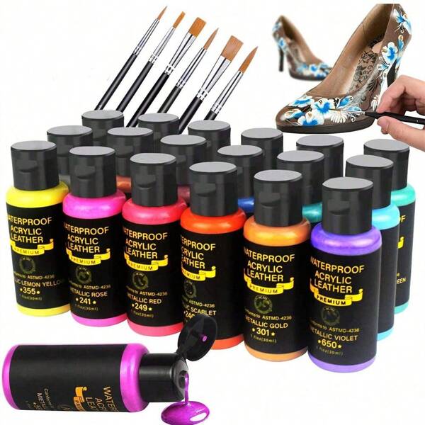 Kit de peinture en cuir acrylique pour baskets, chaussures, sacs et plus - 12/18 couleurs vibrantes, comprend un finisseur et 6 pinceaux avec palette - set de peinture flexible et imperméable pour artistes et artisans, fournitures scolaires, rentrée scolaire
