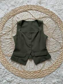 Conjunto Social Calça Pantalona Cintura alta bolsos Alfaiataria Colete Botões  Simples    elegante  Casual    Bolso  Zíper - Verde Escuro - Visão 4