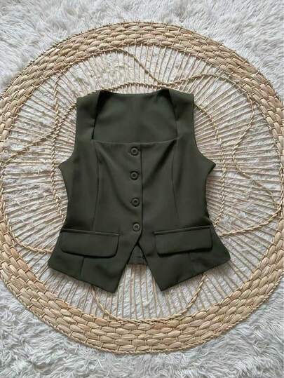 Conjunto Social Calça Pantalona Cintura alta bolsos Alfaiataria Colete Botões  Simples    elegante  Casual    Bolso  Zíper
