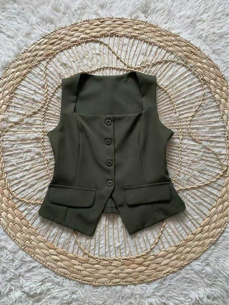 Conjunto Social Calça Pantalona Cintura alta bolsos Alfaiataria Colete Botões  Simples    elegante  Casual    Bolso  Zíper - Verde Escuro - Visão 4