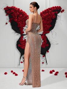 ADYCE Rhinestone Spaghetti Strap High Waisted Backless Slit Dress, Wedding Guest Dress, For Gala Party, Formal Dress, Evening Dress,Gown - Apricot - View 2
