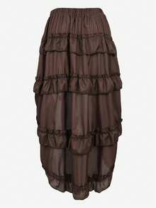 Women's Steampunk Skirt Ruffle High Low Outfits Medieval Renaissance Skirts Cosplay Elegant High Waist - màu nâu - Xem 3