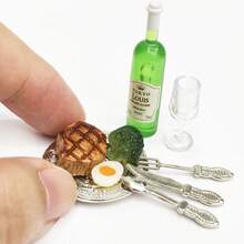 7/9pcs Dollhouse Romantic Dinnerware Set, Metal Delicate Plates With Miniature Food, Miniature Steak! Miniature Red Wine, Christmas/Halloween Decor!