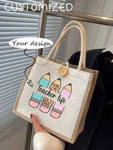 Custom Teacher Tote Bag With Personalized Name,Stylish Shoulder Bag For Educators,Beach Bag,Teacher's Day Gift,Foldable & Lightweight Bags Ladies,Portable,Multifunction,Versatile,Large Capacity,Lightweight,Functional,Practical,All-Purpose,Colorful,Cute,Adorable,Kawaii - Multicolor - View 4